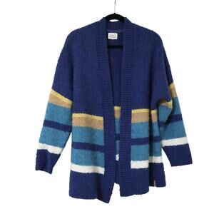 Passenger Blue Striped Color Block Wool Open Front Cardigan Sweater M Boho Retro